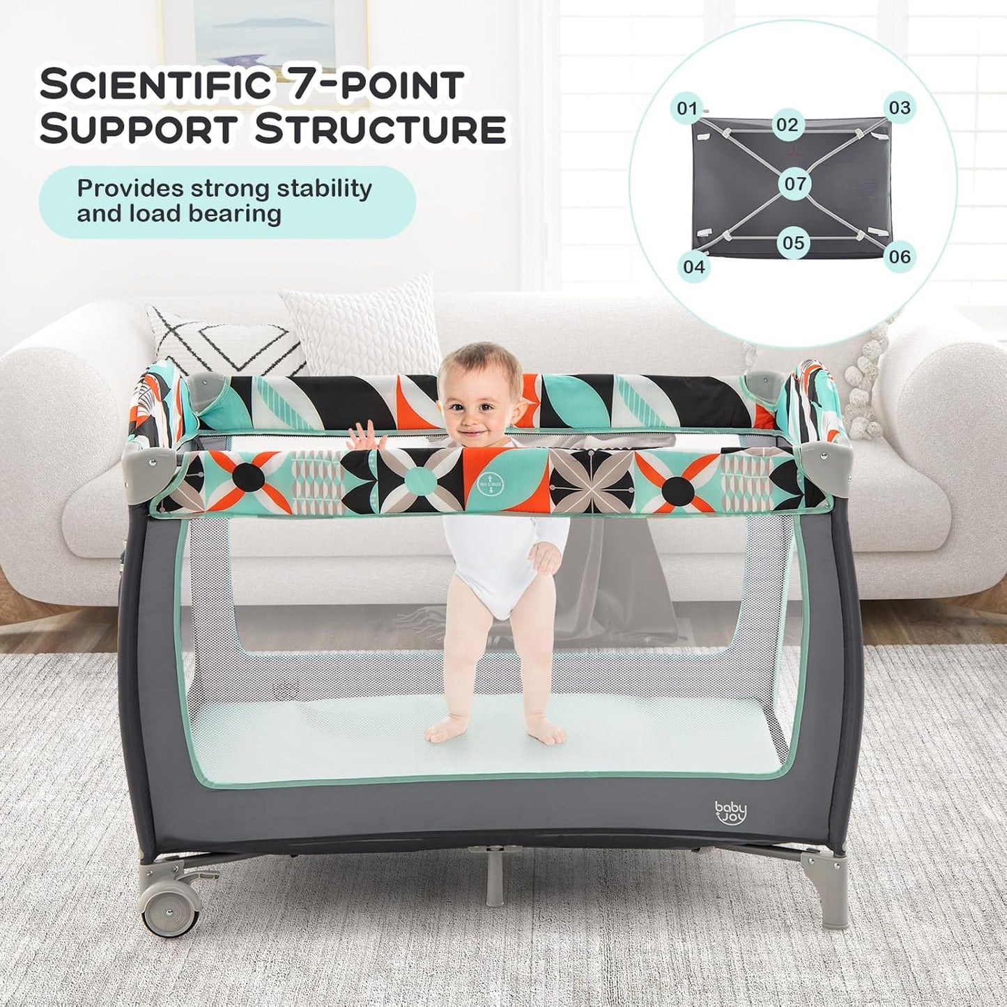 BABY JOY 4 in 1 Pack and Play, Portable Baby Playard with Bassinet, Side Zipper Door, Changing Table, Indoor Outdoor Travel Nursery Center w/Hanging Bar, Lockable Wheels, Carry Bag
