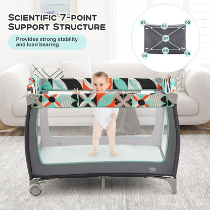 BABY JOY 4 in 1 Pack and Play, Portable Baby Playard with Bassinet, Side Zipper Door, Changing Table, Indoor Outdoor Travel Nursery Center w/Hanging Bar, Lockable Wheels, Carry Bag