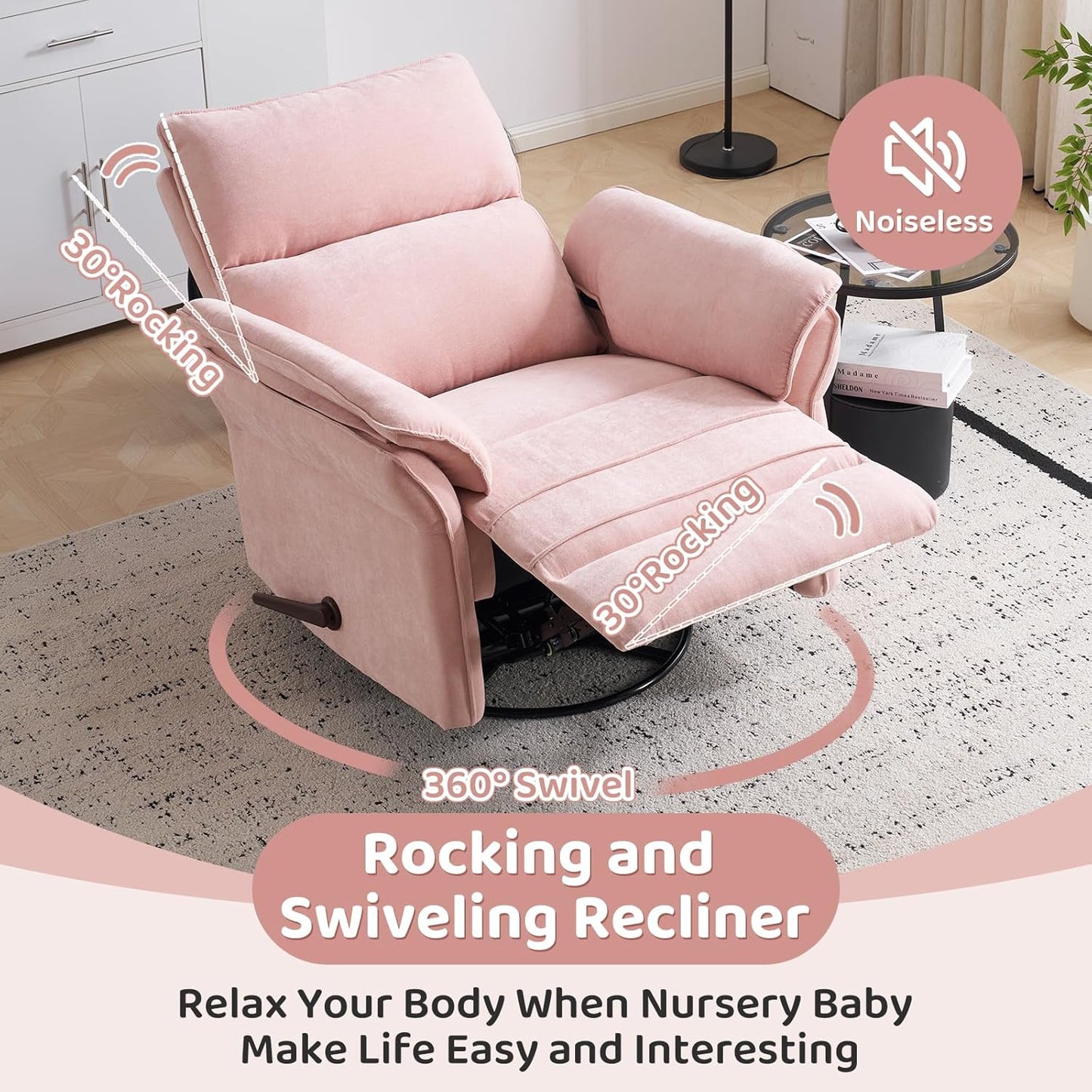 Oversized Swivel Rocker Recliner with Adjustable Headrest, Rocking Chair Nursery with Overstuffed Armrest, Manual Rocker Recliner Nursery Chair for Living Room, White