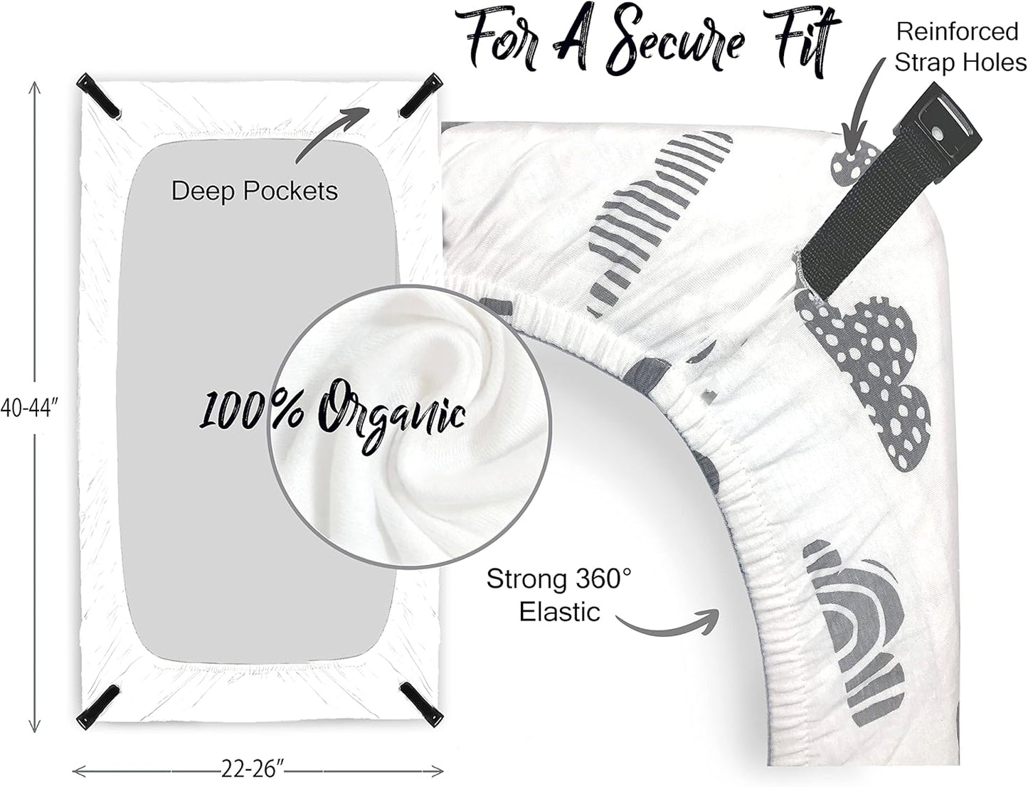 100% Organic Cotton Fitted Sheets for Graco Pack n Play, Babyletto, Pamo Babe, Hiccapop, Dream on Me, Evenflo, Baby Trend, Hygge Hush Portable/Mini Crib/Playards, Beka Bedside Bassinet 2 Pk