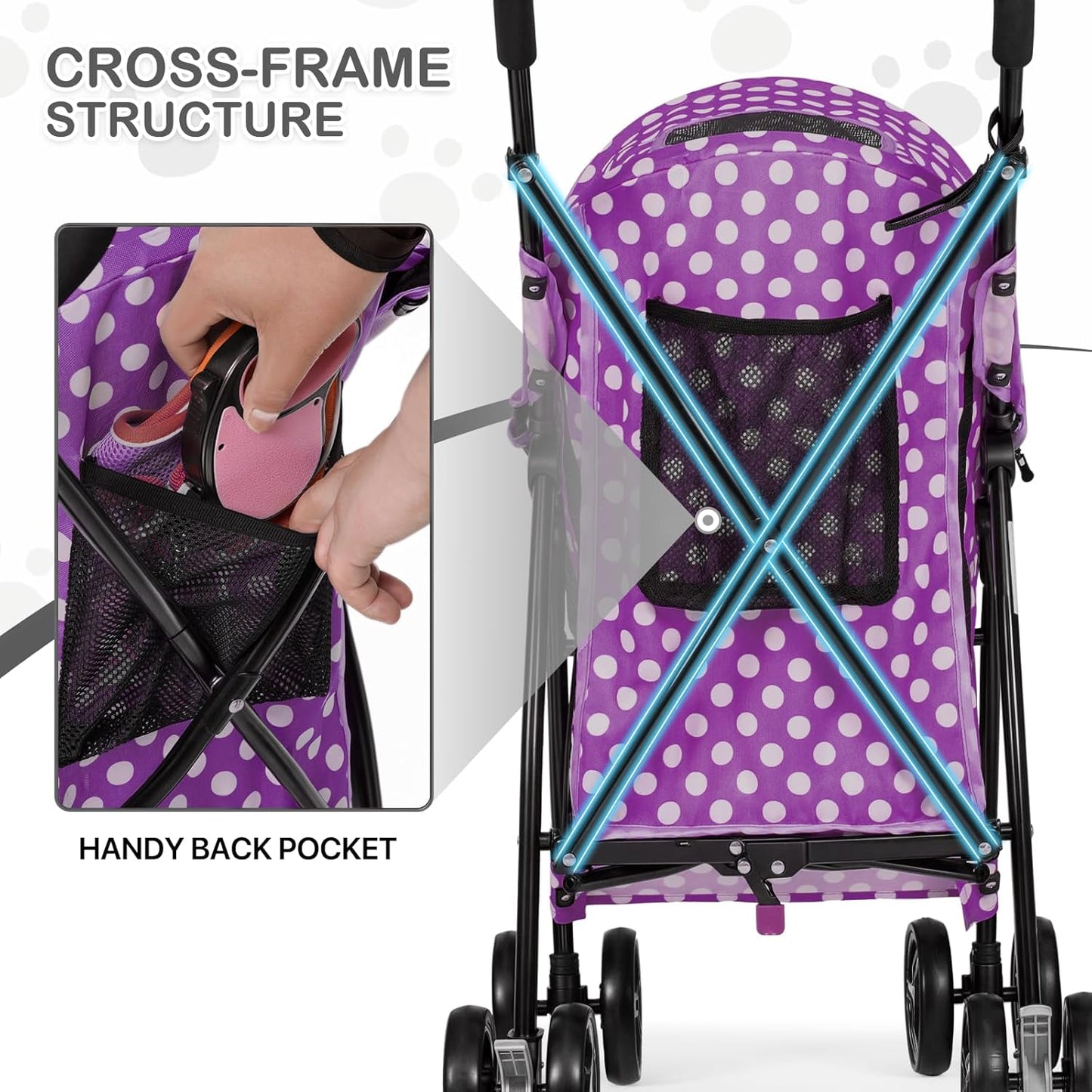 MoNiBloom 4 Wheels Pet Stroller, Easy-Fold Puppy Cage Jogger Stroller with Sun Cover, Pad and Rear Storage Bag, Breathable and Visible Mesh for Small/Medium Pets up to 22 lbs, Black