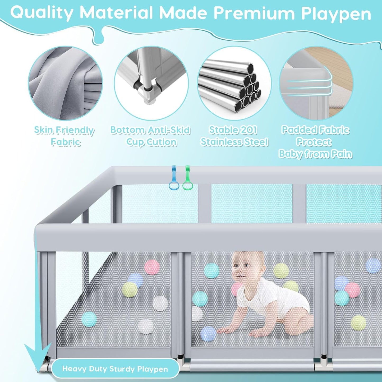 Fshibila 74" ×50" Large Baby Playpen, Baby Playard for Babies and Toddlers, Baby Fence Play Pens for Indoor & Outdoor, Sturdy Safety Play Yard with Soft Breathable Mesh, Anti-Fall, Grey
