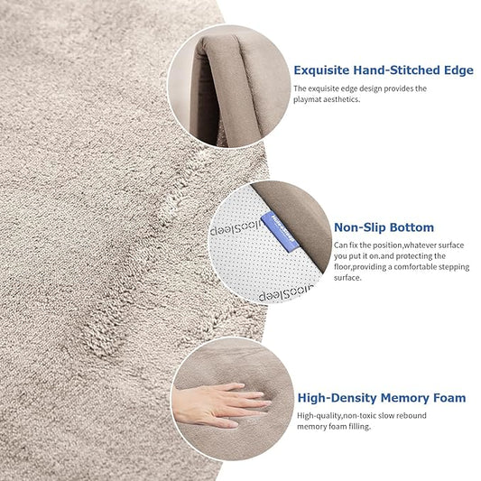 Baby Play Mat for Floor,1.3" Thick Elasti Foam Tummy Time Mat,79"×158“ Extra Large Soft Coral Velvet Nursery Rug,Non Slip Safe for Crawling,Toddlers,Infants,kids,Tatami Style for Living Room,Classroom,Playroom(Beige)