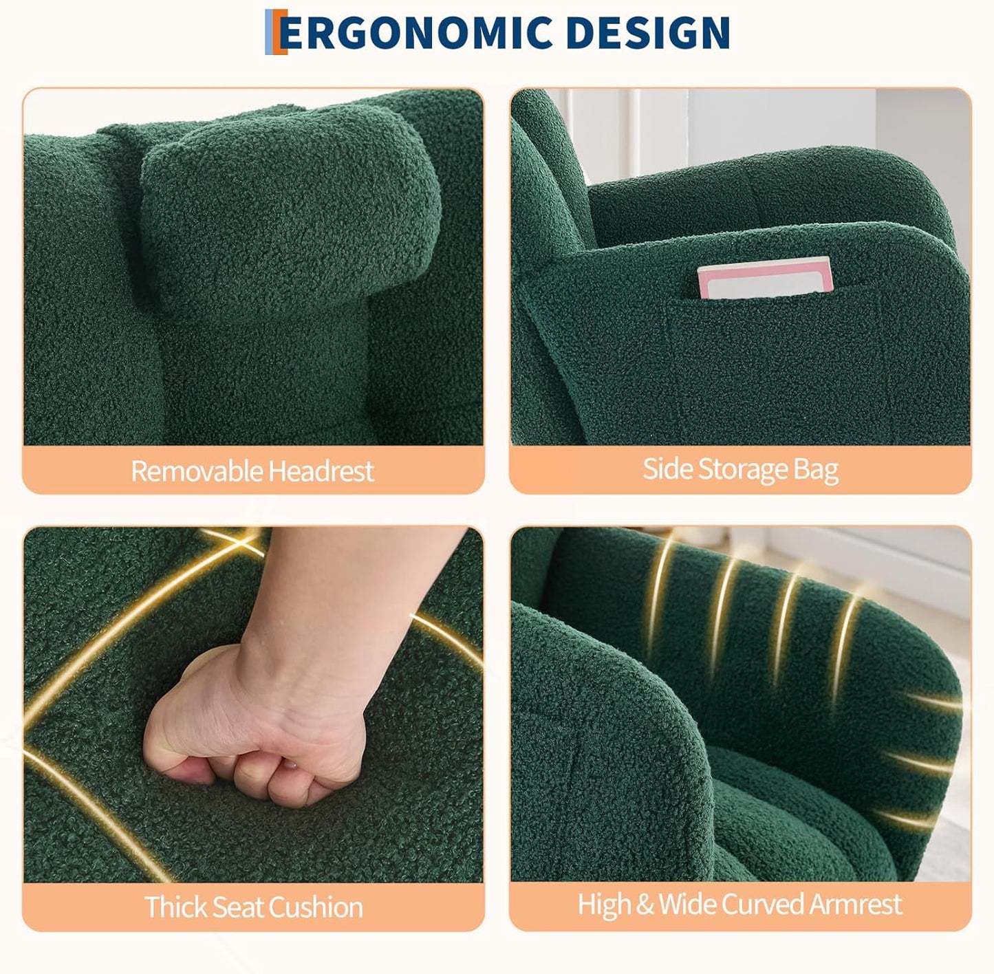 300lb Capacity Nursery Glider Rocker,Teddy Upholstered with Wood Legs for Living Room,Bedroom Nursery Includes Side Pockets