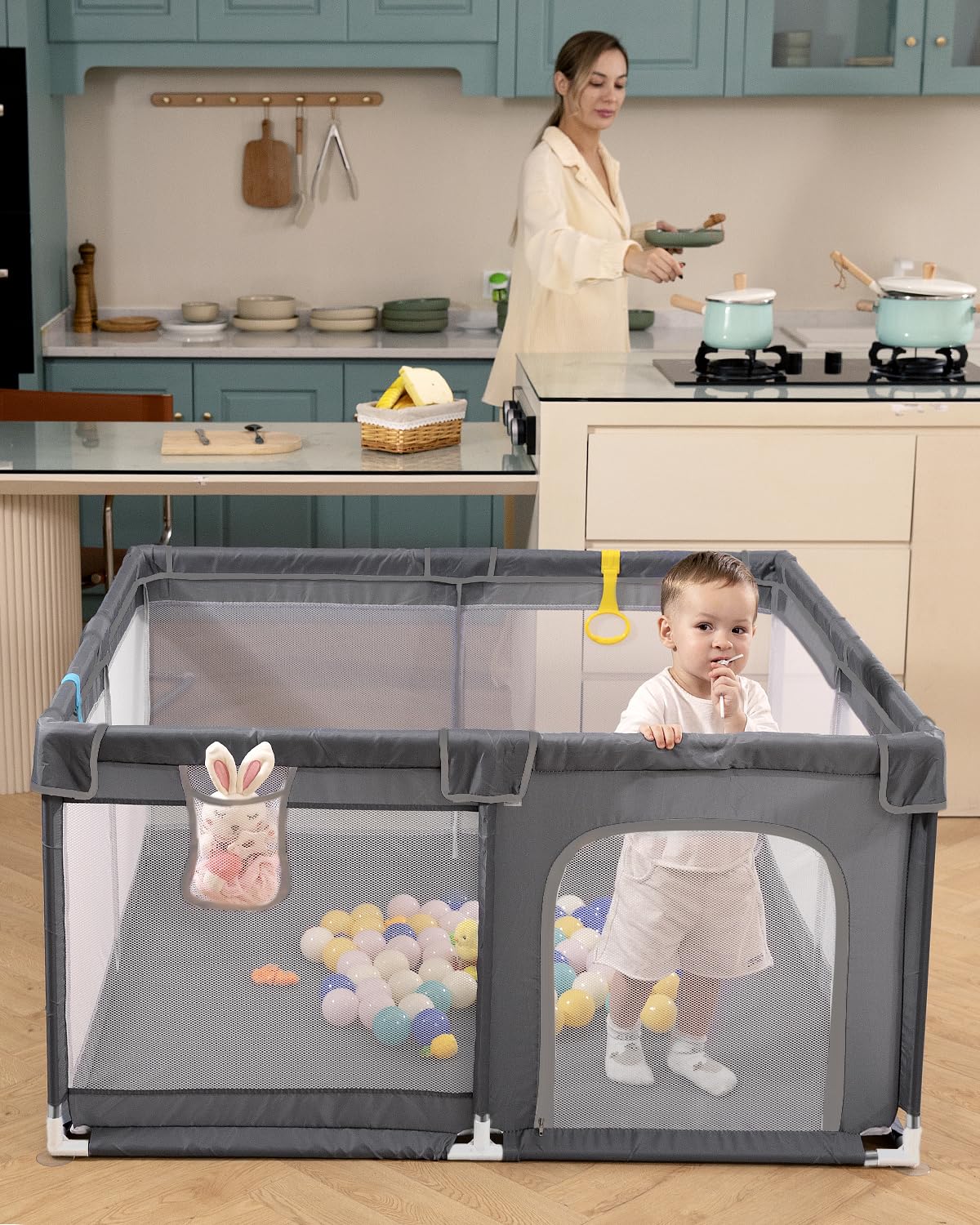 Baby Playpen with Mat, 71" x 59" Extra Large Play Yard for Babies and Toddlers, Baby Fence with Soft Thick Play Mat, Indoor Safety Activity Center for Infants, Easy to Assemble and Clean（Gray）
