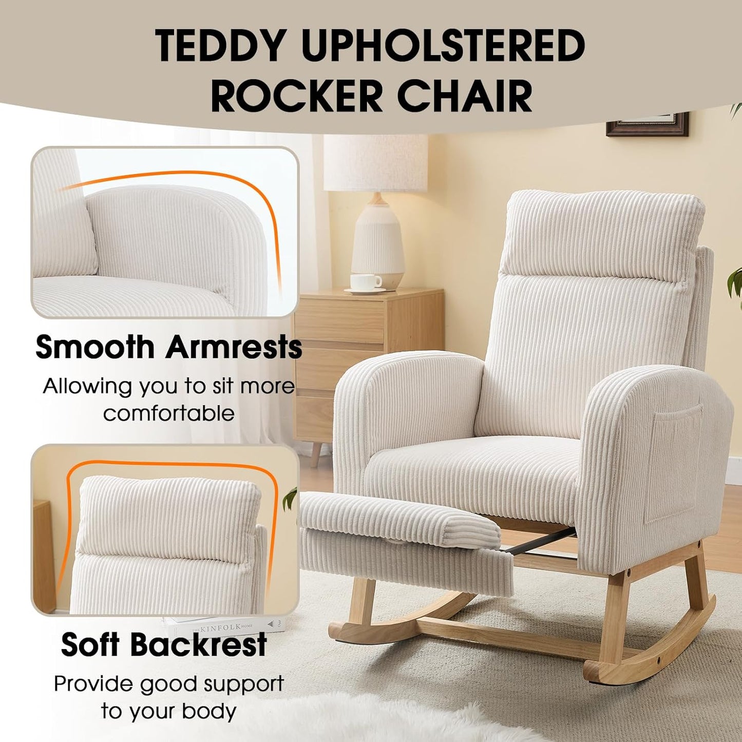 NIOIIKIT Nursery Rocking Chair, Corduroy Upholstered Rocking Chair with Adjustable Footrest, Tufted Rocker Chair with Side Pocket, Glider Rocker for Living Room, Bedroom (Cream Retro)