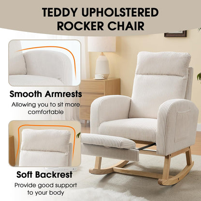 NIOIIKIT Nursery Rocking Chair, Corduroy Upholstered Rocking Chair with Adjustable Footrest, Tufted Rocker Chair with Side Pocket, Glider Rocker for Living Room, Bedroom (Cream Retro)