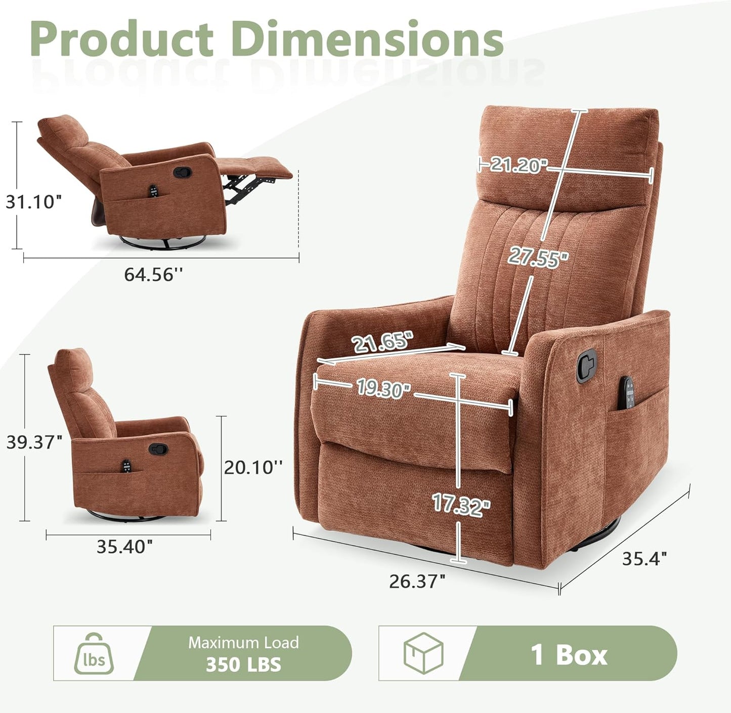 cinkehome Swivel Rocker Recliner, Glider Rocker Recliner Chair for Nursery, Manual Reclining Chair with Heated Massage, Small Spaces, Living Room, Khaki Chenille