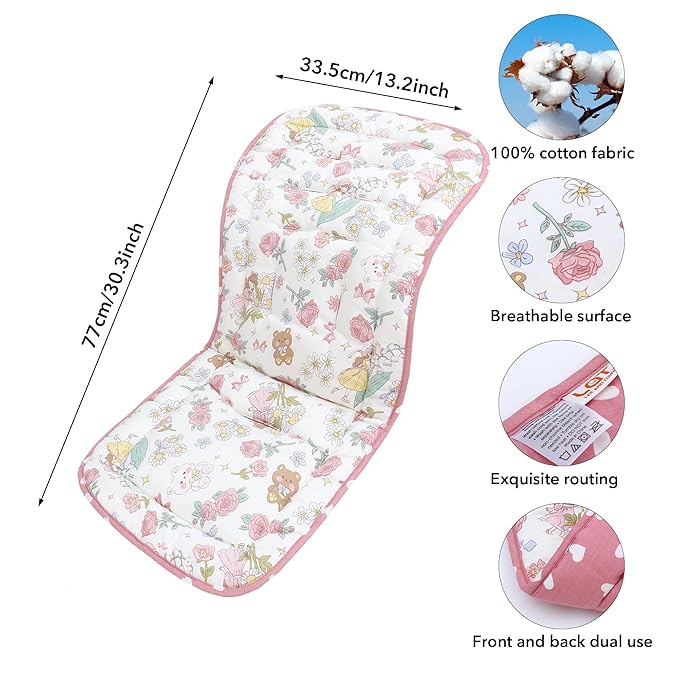 Baby Stroller Cushion,Infant Car Seat Insert-Reversible Universal Breathable and Soft Newborn seat Liner for Stroller,100% Cotton Seat Pad Liner for Newborns-34x78cm,1 Pack(Pink Princess)