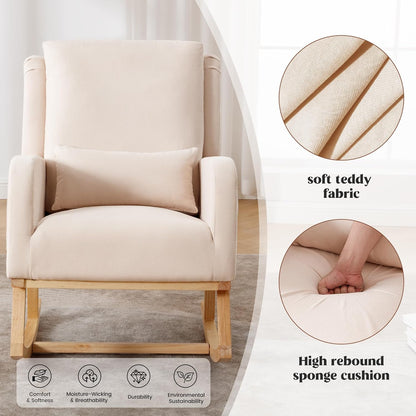 HCHAIRH Rocking Chair Nursery, Sherpa Nursing Rocking Chairs, Upholstered Nursery Glider Rocker for Mom Nursery Morden Accent Rocking Chair Pillow for Living Room,Bedroom,Teddy Light Grey
