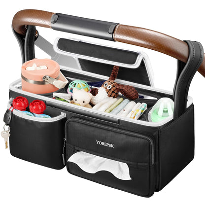 YOREPEK Spacious Stroller Caddy Fits for UPPAbaby Vista/Minu/Cruz, Adjustable Stroller Organizer with 2 Insulated Cup Holders, Easy-clean Stroller Bag for Travel, Walks, Accessories, Baby Essentials