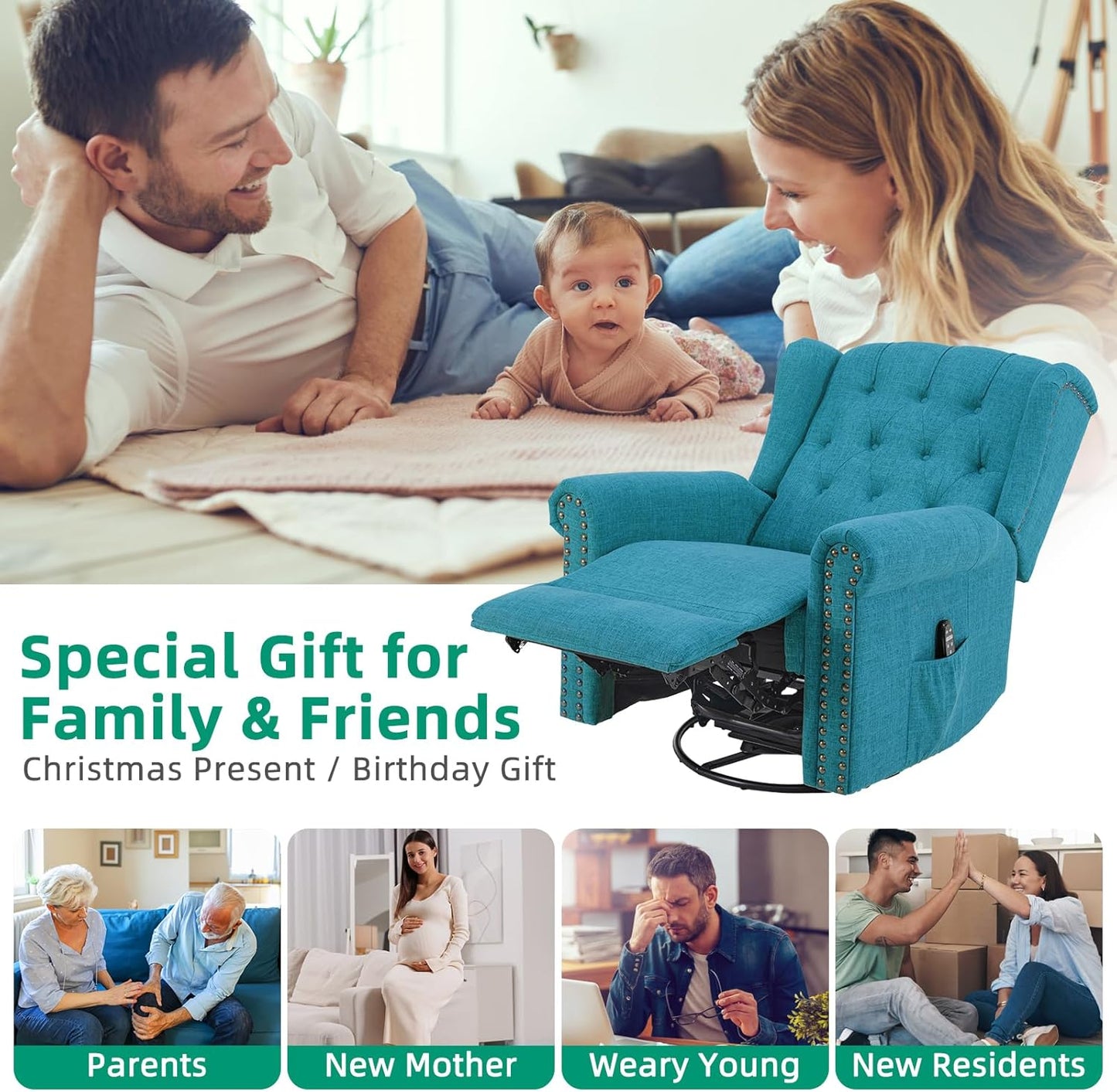 VIVIJASON Power Swivel Rocking Recliner Chair with Massage & Heat, Electric Rocker Nursery Glider Chair, Wingback Tufted Upholstered Recliner W/Type-C & USB Ports for Living Room, Bedroom, Beige