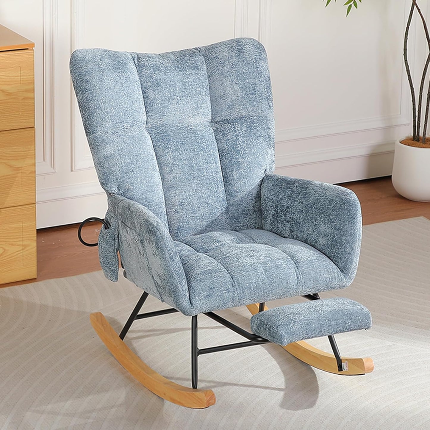Rocking Chair Nursery with Airbag, Comfy Modern Nursery Rocking Reading Chair indoor with Footrest, Cozy Upholstered Glider Rocker Chairs for Living Room Bedroom Offices(Chenille, Dark Grey)