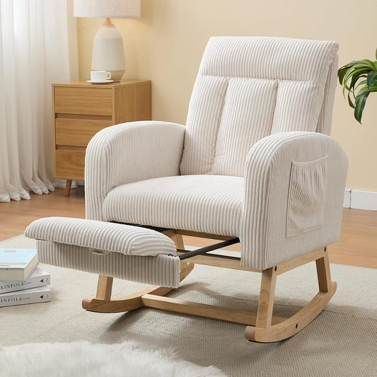 NIOIIKIT Nursery Rocking Chair, Corduroy Upholstered Rocking Chair with Adjustable Footrest, Tufted Rocker Chair with Side Pocket, Glider Rocker for Living Room, Bedroom (Cream Retro)