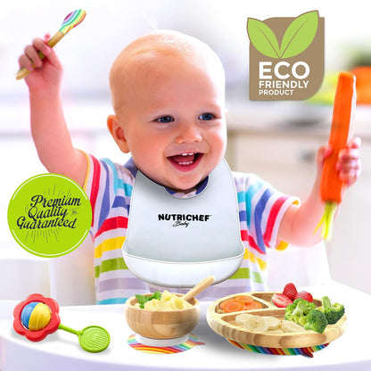 NutriChef Baby and Toddler, 3 compartment plate, bowl, and spoon feeding set- silicone suction, Non-toxic all natural Bamboo baby food plate with silicone bib (Rainbow), Small