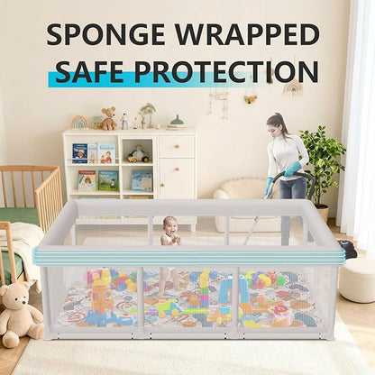 Baby Playpen 74"x50" Play Pens for Babies and Toddlers, Large Play Yards for Indoor & Outdoor with Zipper Gates, Breathable Mesh with Mat