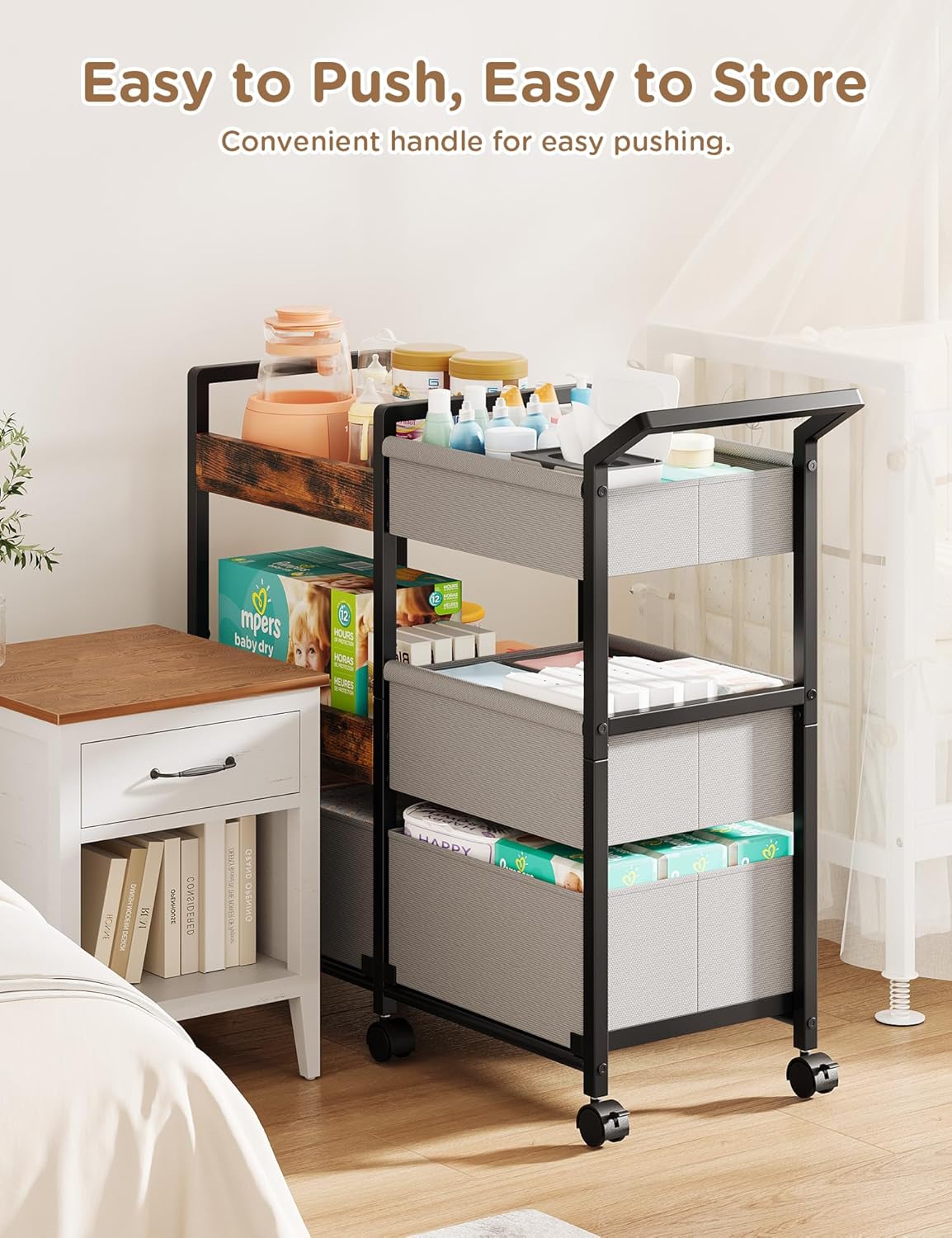 Twinkoo 2-in-1 Baby Diaper Caddy Organizer, 3 Tier Rolling Storage Cart with Dividers and Drawers, Baby Essentials for Nursery Storage, Mobile Utility Cart with Wheels Large Capacity Easy to Assemble
