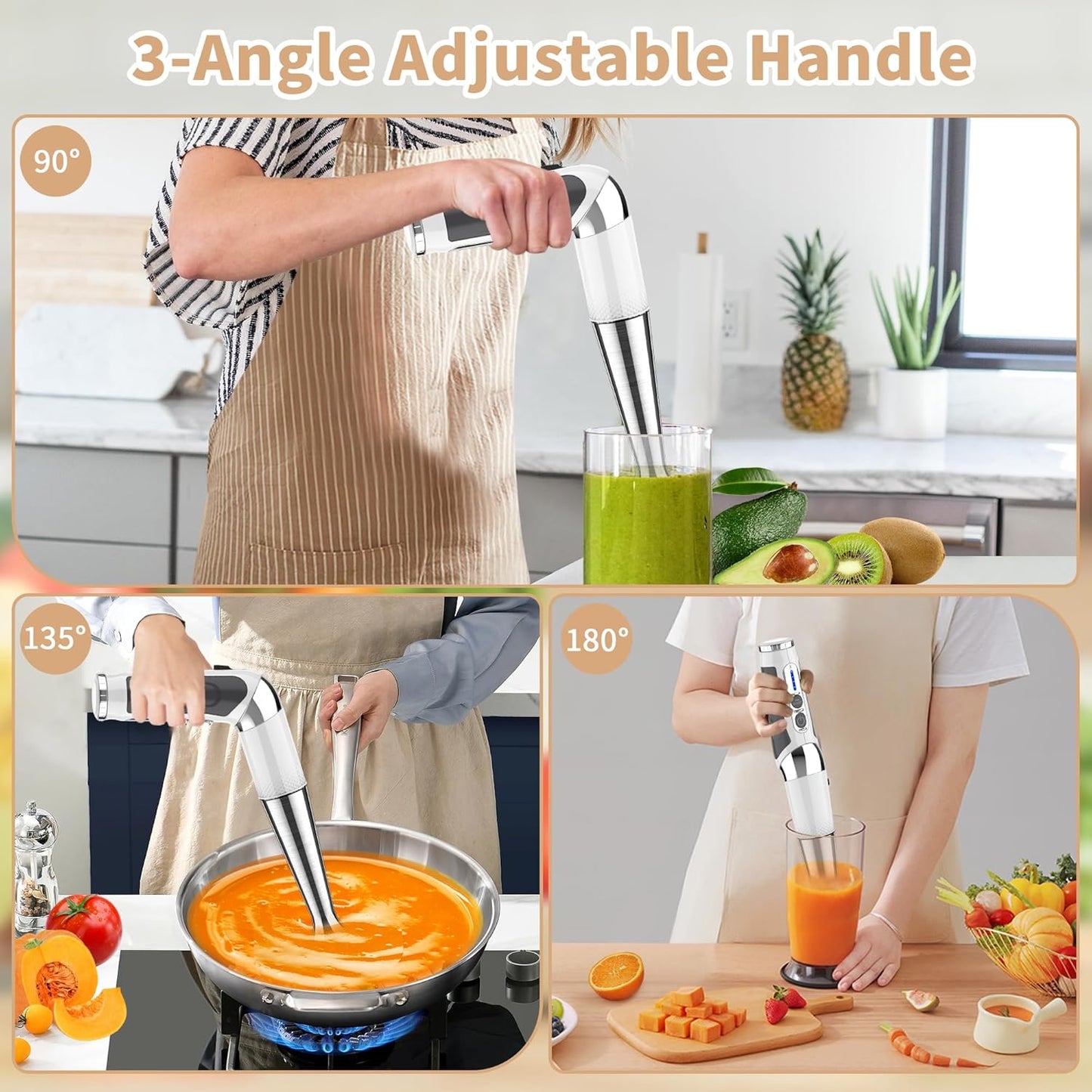 Toogel Cordless Immersion Blender, Electric Hand Blender with 21-Speed & 3-Angle Adjust, USB Rechargeable, BPA-Free & Dishwasher Safe for Baby Food, Smoothies, Soup (Grey)