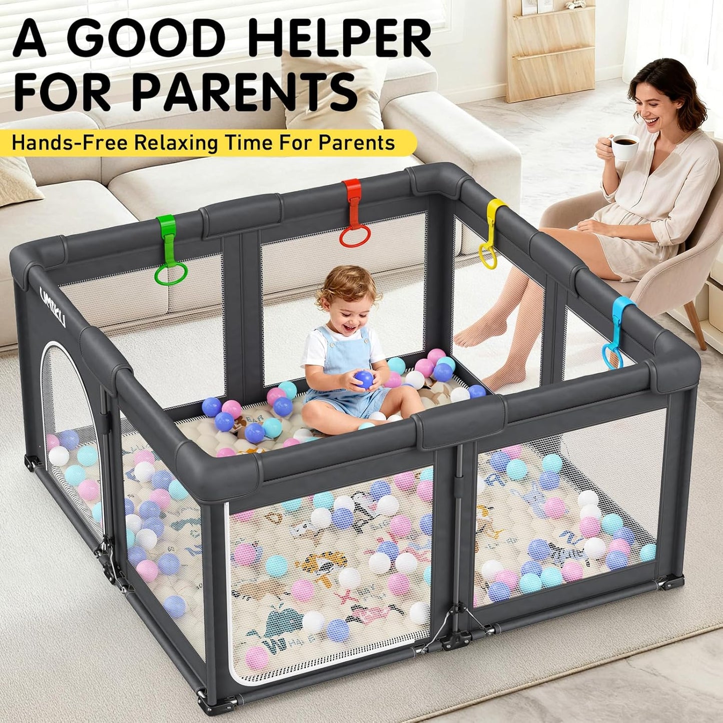 Baby Playpen Foldable Playpen for Babies and Toddlers, Large Playpens Portable Play Pen Play Yard for Kids Fence Indoor Outdoor Travel 4 Handlers 50 Balls Baby Gifts Essentials 50"X50" Dark Grey