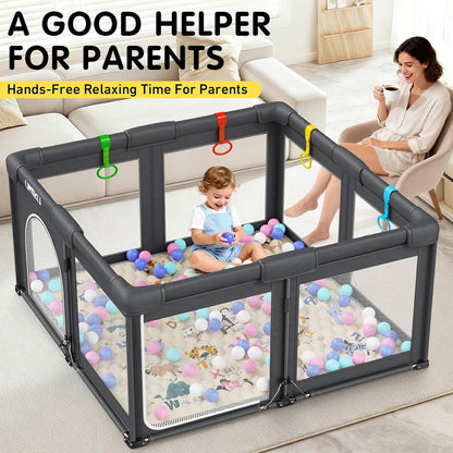 Baby Playpen Foldable Playpen for Babies and Toddlers, Large Playpens Portable Play Pen Play Yard for Kids Fence Indoor Outdoor Travel 4 Handlers 50 Balls Baby Gifts Essentials 50"X50" Dark Grey