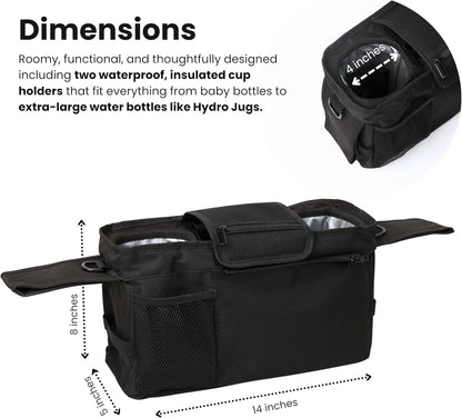 Universal Stroller Organizer with Insulated Cup Holders | Detachable Phone/Wipe Pouch & Shoulder Strap Stroller Caddy | Spacious, Fits Jogger, Umbrella, Travel & Pet Strollers