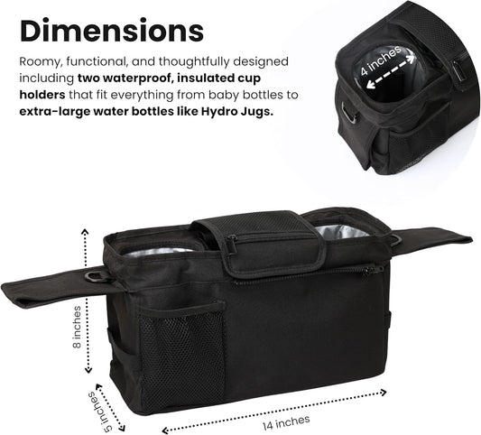 Universal Stroller Organizer with Insulated Cup Holders | Detachable Phone/Wipe Pouch & Shoulder Strap Stroller Caddy | Spacious, Fits Jogger, Umbrella, Travel & Pet Strollers