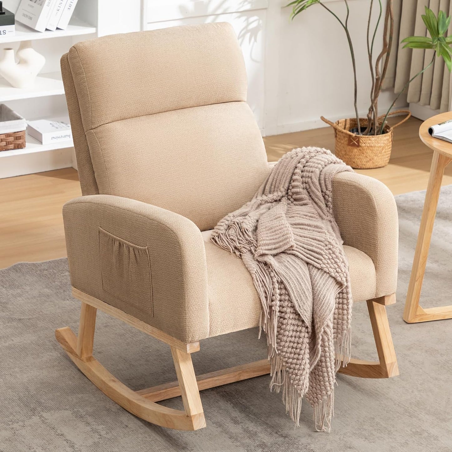 Rocking Chair Nursery, Upholstered Nursing Rocker Chair for Mom with High Backrest and Side Pockets for Bedroom Living Room, Beige