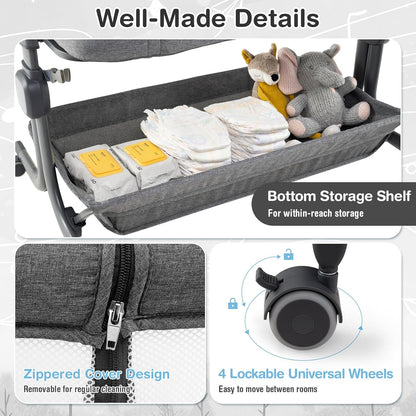 INFANS 3 in 1 Baby Bassinet, Bedside Sleeper with Comfy Mattress, Wheels, 6 Height Adjustable, Storage Basket, Travel Bag, Portable All Mesh Crib for Newborn Infant (Dark Grey)