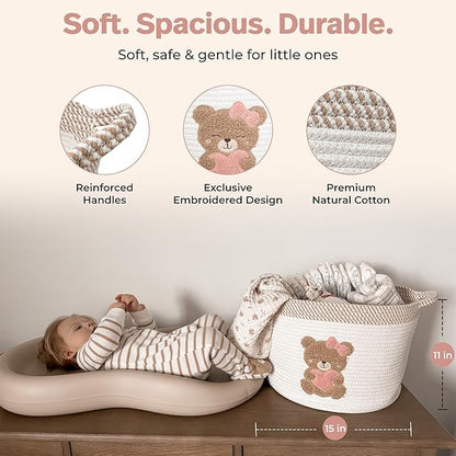Pink Teddy Bear Storage Basket for Baby Girl Nursery – 15"x11" Cotton Rope Bin with Embroidered Bear Patch – Toy Organizer, Baby Laundry Hamper, Blanket & Diaper Holder – Foldable & Washable