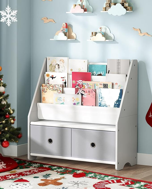 CHOEZON Kids Bookshelf and Toy Storage, 4 Tier Large Capacity Kids Book Rack, Sling Kid Bookcase, for Kids Room, Nursery, Playroom, White and Gray MCW06WT