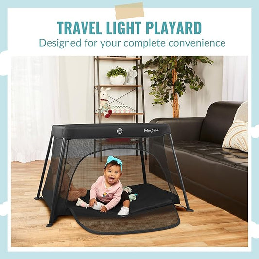 Dream On Me Travel Light Baby Playard with Zipper Access Door, Breathable Mesh Sides with Soft Comfortable Mattress, Easy Fold Design with Travel Carry Bag, Compact Space Saving Design - Black