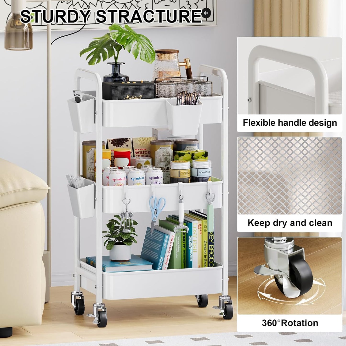Beige 3 Tier Rolling Cart Metal on Wheels, Three Tiered Storage Organizer Utility Trolley with Wheels for Art, Craft, Baby Diaper Caddy, Snack, Book, Nail, Lash, Cleaning Supplies, Kitchen, Bathroom