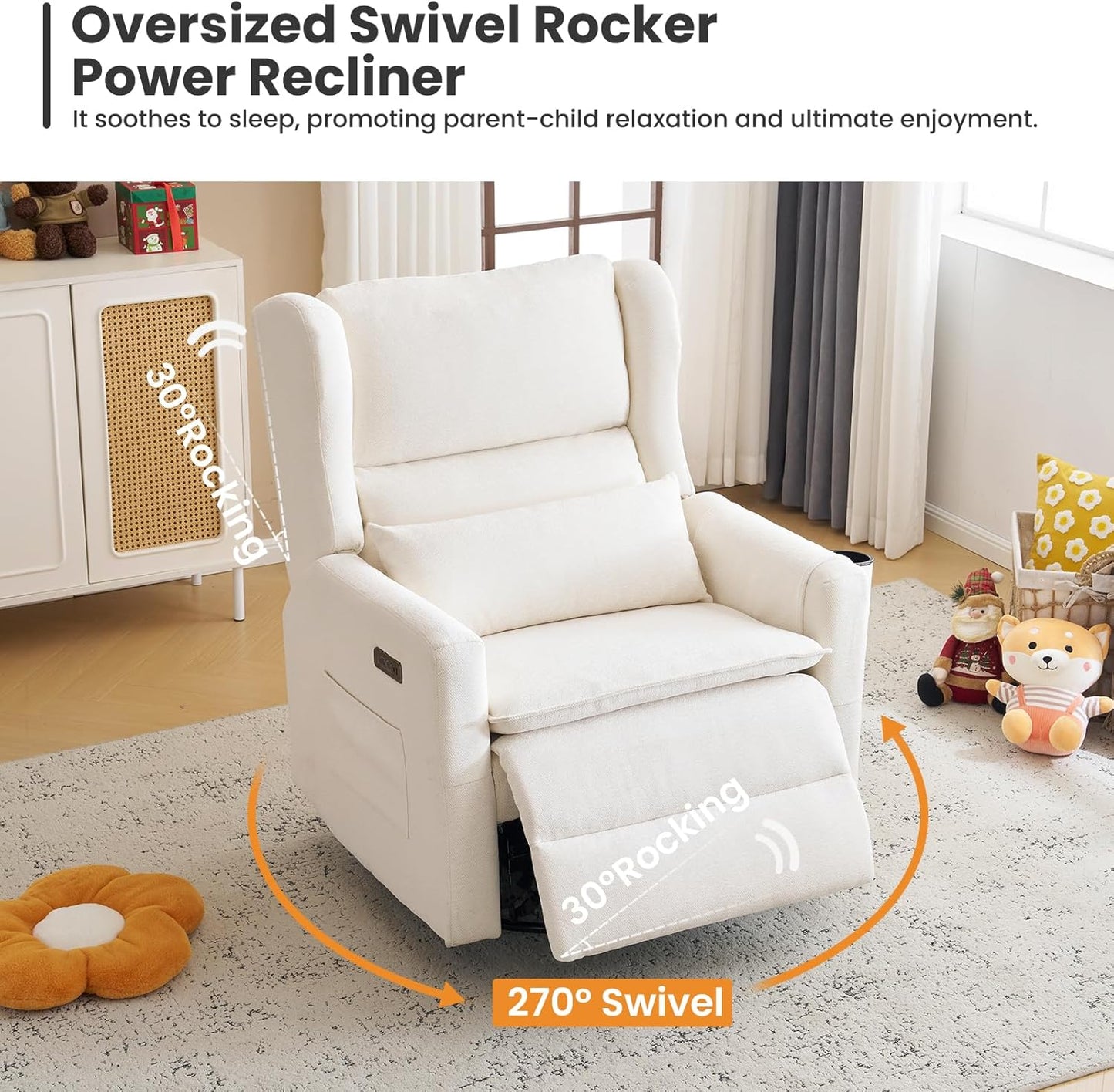 Power Recliner Chair Swivel Glider with Adjustable Headrest，Oversized Swivel Rocker Recliner with Lumbar Support, Upholstered Nursery Glider Recliner for Living Room,White