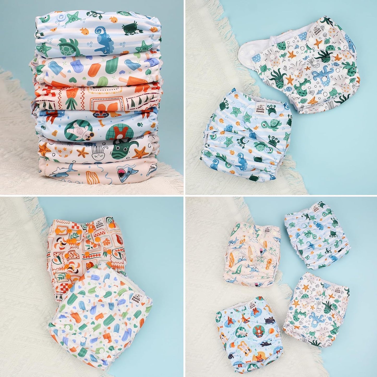 Mama Koala 3.0 Pocket Cloth Diapers for Babies with AWJ Lining, 6 Pack with 6 4-Layer Natural Cloth Diaper Inserts - Reusable and Washable Pocket Diapers(Hardworking Bees) - Colors A