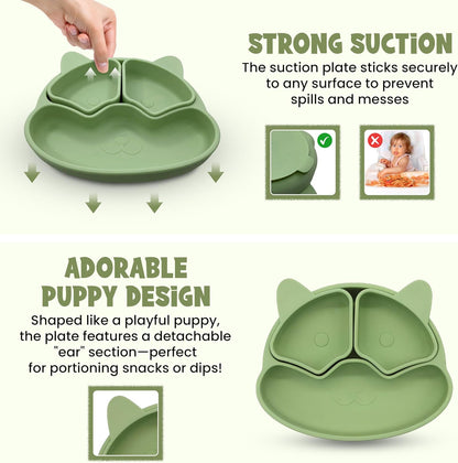 Baby Feeding Essentials, Baby Led Weaning Supplies, Silicone Baby Feeding Set, with Baby Spoon, Fork, Baby Bib, Sippy Cup, Suction Plate, Suction Bowl, Baby Eating Essentials, 6+ Months (Beige)