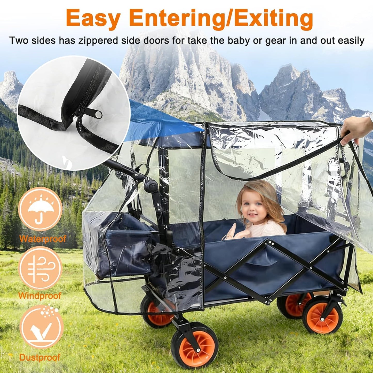 Wagon Rain Cover,Transparent EVA Waterproof Windproof Dustproof Cover for Folding Shopping Cart 35-37 Inch Folding Trolley Cart Accessories,Essential for Baby Stroller Outdoor Camping Picnic & Beach