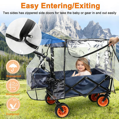 Wagon Rain Cover,Transparent EVA Waterproof Windproof Dustproof Cover for Folding Shopping Cart 35-37 Inch Folding Trolley Cart Accessories,Essential for Baby Stroller Outdoor Camping Picnic & Beach