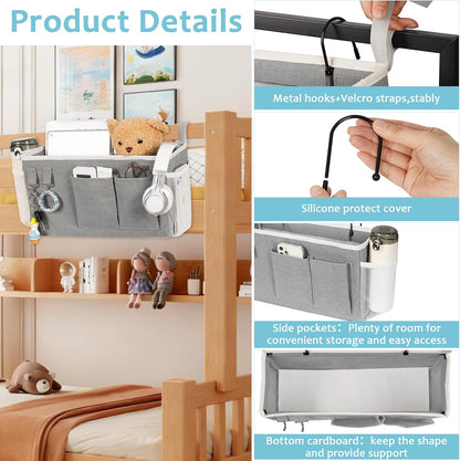 Loghot Bedside Caddy/Bedside Storage Bag Hanging Organizer for Bunk and Hospital Beds,Dorm Rooms Bed Rails,Can be Placed Glasses,Books,Mobile Phones,Keys (White)