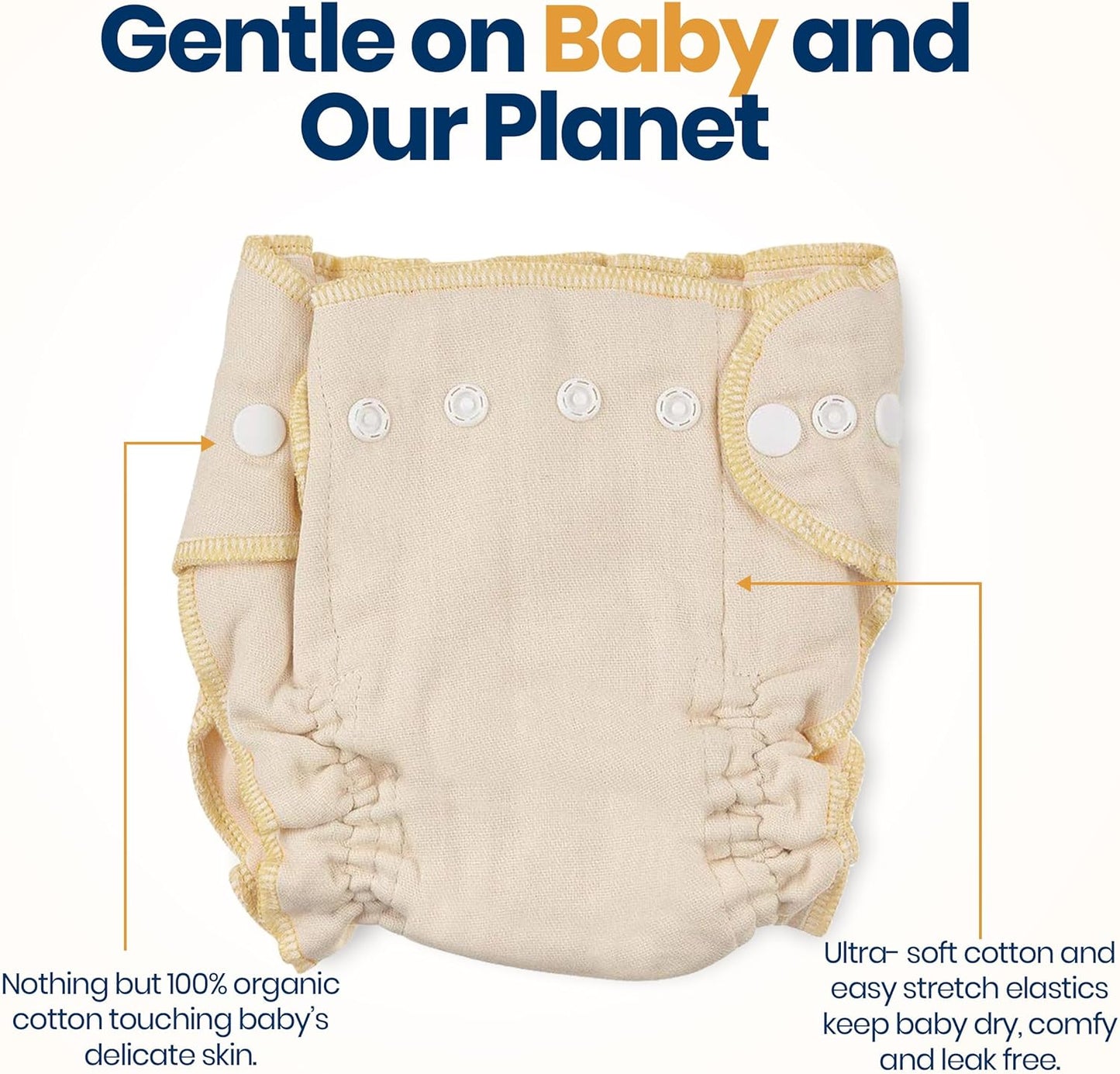Linteum Textile Fitted Cloth Diapers with Snap Closures – 100% Cotton, Adjustable Snaps, Removable Inserts – Reusable & Washable Baby Diapers for Toddlers – Natural/Beige – 3 Pack (Small 9-15 lbs)
