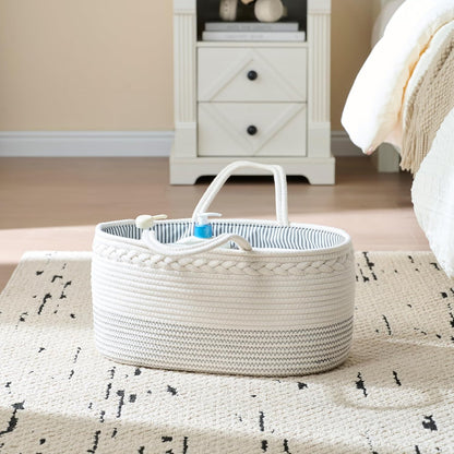 luxury little Diaper Caddy Organizer, Large Cotton Rope Nursery Baby Basket, Changing Table Organizer for Baby Diaper Storage, Portable Car Organizer Removable Divider (Off White, Large)