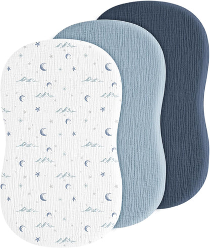 Muslin Bedside Sleeper Bassinet Fitted Sheets, 3 Pack Cotton Baby Sheet for Boys & Girls, Soft, Compatible with Baby Delight, Dream On Me, AMKE and Other Rectangle Mattress (Nightfall Blue)