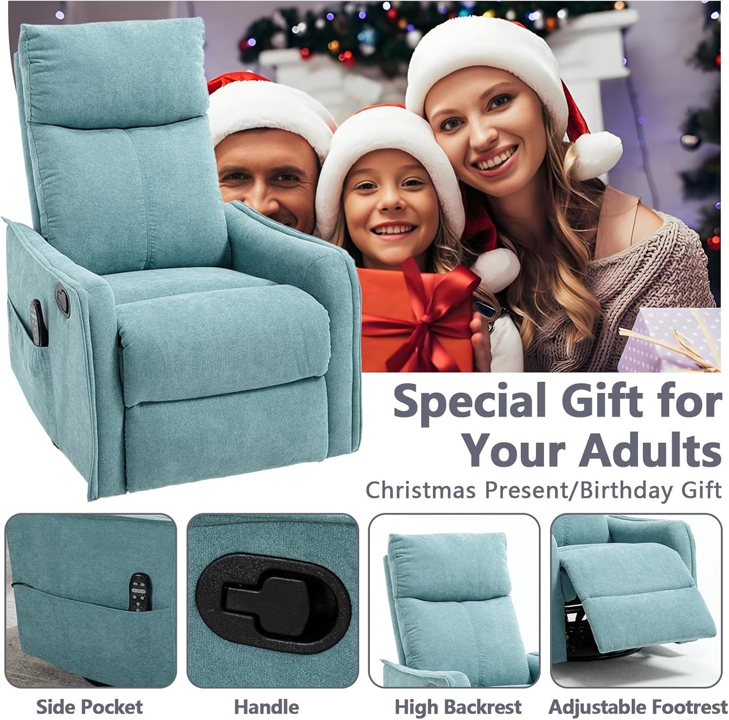 Massage Chair Recliner with Heat, Swivel Rocking Chair Recliner with High Back, Manual Nursery Recliners for Adults,Small Recliner Chair for Small Spaces, Living Room Bedroom, Fabric (Blue Green)