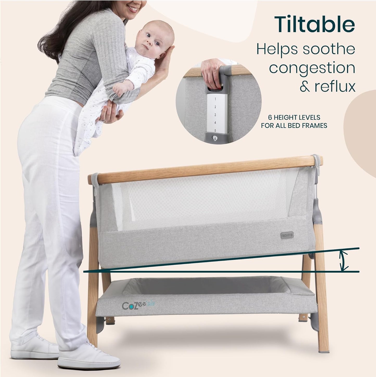 Tutti Bambini CoZee® 2-in-1 Baby Bassinet & Bedside Sleeper - Fast-Folding Bedside Bassinet, Baby Crib with 6 Mattress Heights & Breathable Mesh Window, Mattress Included, 0-6 Months (Oak & Charcoal)