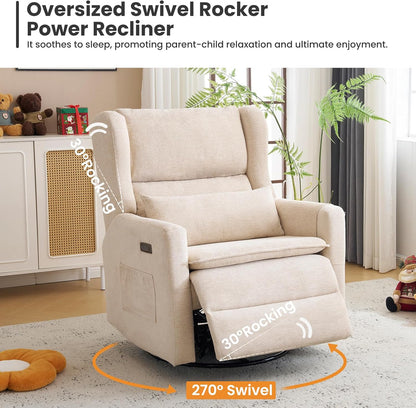 Power Recliner Chair Swivel Glider with Adjustable Headrest，Oversized Swivel Rocker Recliner with Lumbar Support, Upholstered Nursery Glider Recliner for Living Room,White