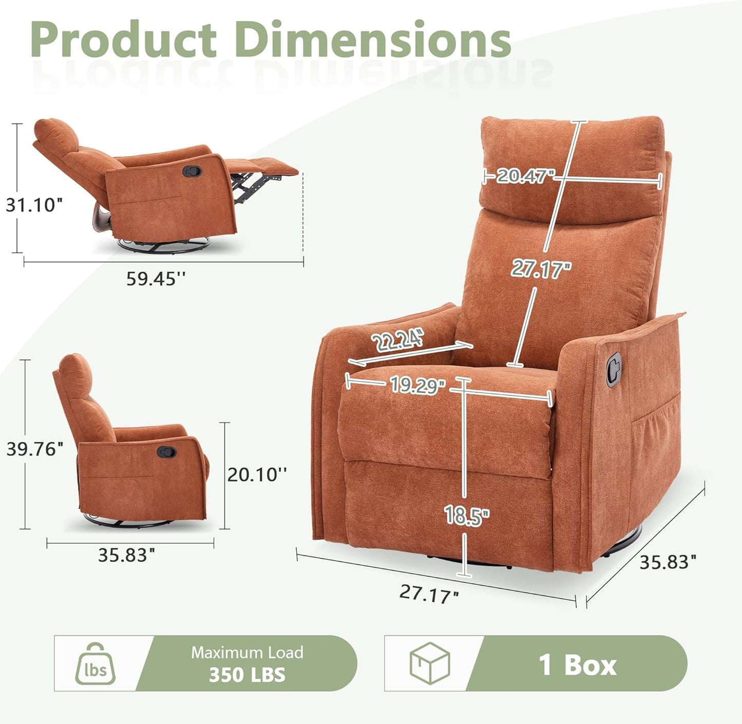 cinkehome Swivel Rocker Recliner, Glider Rocker Recliner Chair for Nursery, Manual Reclining Chair with Heated Massage, Small Spaces, Living Room, Khaki Chenille