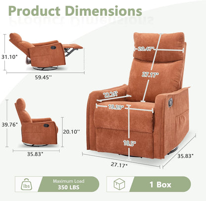 cinkehome Swivel Rocker Recliner, Glider Rocker Recliner Chair for Nursery, Manual Reclining Chair with Heated Massage, Small Spaces, Living Room, Khaki Chenille
