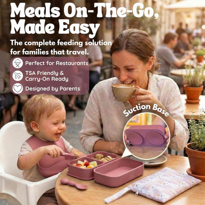 Baby Travel Essentials 6 Pc Silicone Feeding Set - Portable Toddler Plates with Suction, Baby Spoons & Foldable Bib in Carrying Case - BPA-Free Infant & Toddler Utensils for Airplanes & Eating Out