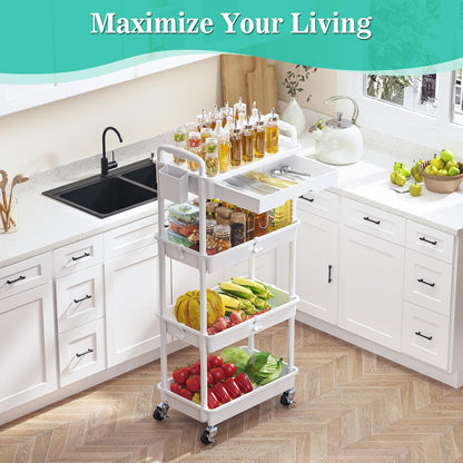SUNALLY 3 Tier Rolling Cart with Drawer, Bathroom Storage Organizer with 2 Lockable Wheels, Multifunctional Rolling Storage Cart for Bathroom, Kitchen, Office, Craft, Makeup, Baby Essentials, White
