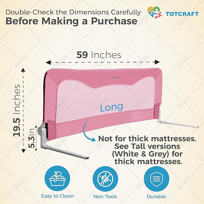 TotCraft Bed Safety Rails for Toddlers - Bed Rail Guard for Queen, King, Full Szie, Twin Mattress Bed (Pink, 59x19.5 Inch (Pack of 1))