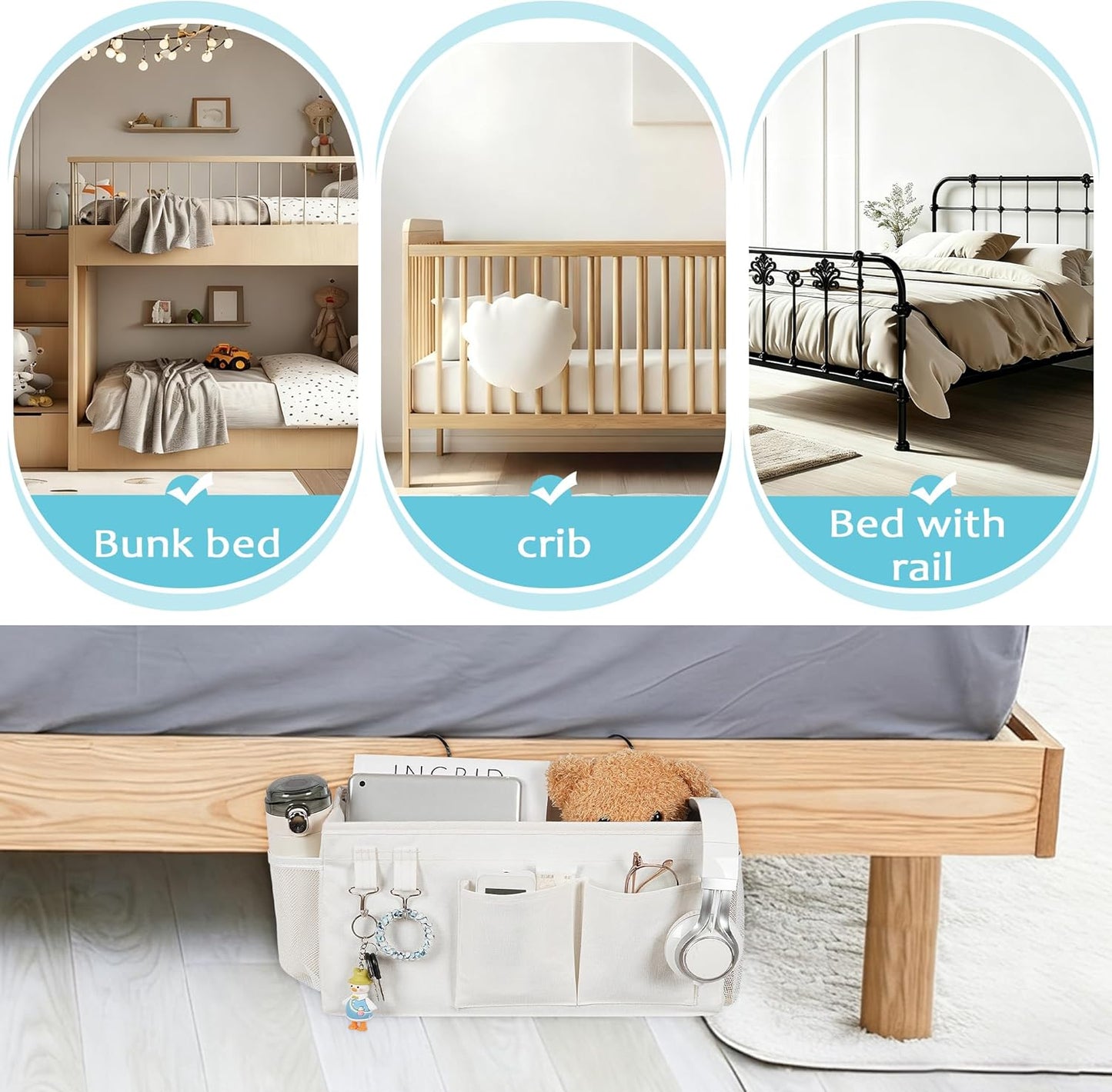 Loghot Bedside Caddy/Bedside Storage Bag Hanging Organizer for Bunk and Hospital Beds,Dorm Rooms Bed Rails,Can be Placed Glasses,Books,Mobile Phones,Keys (White)